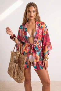 TRENDYOLMİLLA flower patterned Belted Mini Weaving Beach Kimono&Kaftan