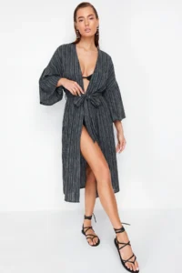 TRENDYOLMİLLA Black Weaving Maxi Beach Belted Kimono&Kaftan - Image 2