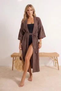 TRENDYOLMİLLA Brown Weaving Maxi Beach Belted Kimono&Kaftan - Image 3
