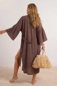 TRENDYOLMİLLA Brown Weaving Maxi Beach Belted Kimono&Kaftan - Image 4