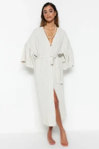 TRENDYOLMİLLA Ecru Weaving Maxi Beach Belted Kimono&Kaftan - Image 2