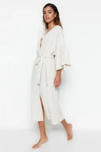 TRENDYOLMİLLA Ecru Weaving Maxi Beach Belted Kimono&Kaftan - Image 3