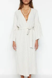 TRENDYOLMİLLA Ecru Weaving Maxi Beach Belted Kimono&Kaftan - Image 4