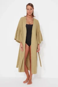 TRENDYOLMİLLA Khaki Weaving Maxi Beach Belted Kimono&Kaftan