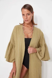 TRENDYOLMİLLA Khaki Weaving Maxi Beach Belted Kimono&Kaftan - Image 2