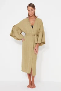 TRENDYOLMİLLA Khaki Weaving Maxi Beach Belted Kimono&Kaftan - Image 3