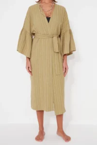 TRENDYOLMİLLA Khaki Weaving Maxi Beach Belted Kimono&Kaftan - Image 4