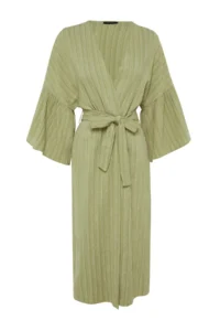 TRENDYOLMİLLA Khaki Weaving Maxi Beach Belted Kimono&Kaftan - Image 6