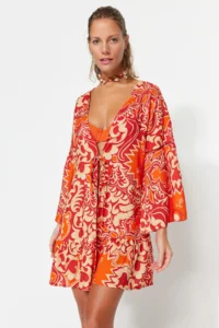 TRENDYOLMİLLA Ethnic Patterned Weaving striped Beach Mini Kimono&Kaftan - Image 3