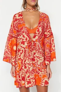 TRENDYOLMİLLA Ethnic Patterned Weaving striped Beach Mini Kimono&Kaftan - Image 4