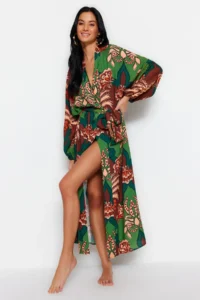 TRENDYOLMİLLA Tropical Patterned Weaving 100% Cotton Maxi Beach Belted Kimono&Kaftan
