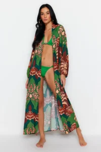 TRENDYOLMİLLA Tropical Patterned Weaving 100% Cotton Maxi Beach Belted Kimono&Kaftan - Image 2