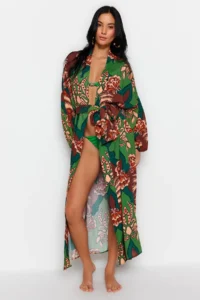 TRENDYOLMİLLA Tropical Patterned Weaving 100% Cotton Maxi Beach Belted Kimono&Kaftan - Image 3