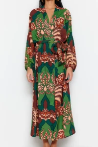 TRENDYOLMİLLA Tropical Patterned Weaving 100% Cotton Maxi Beach Belted Kimono&Kaftan - Image 4
