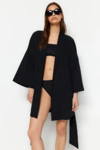 TRENDYOLMİLLA Black Weaving Beach Mini Belted Kimono&Kaftan