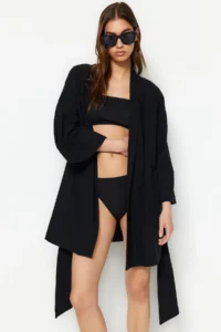 TRENDYOLMİLLA Black Weaving Beach Mini Belted Kimono&Kaftan - Image 2