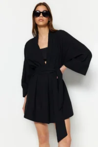 TRENDYOLMİLLA Black Weaving Beach Mini Belted Kimono&Kaftan - Image 3