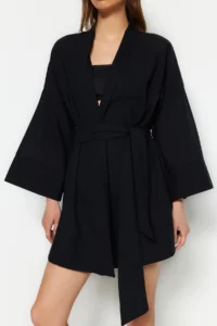 TRENDYOLMİLLA Black Weaving Beach Mini Belted Kimono&Kaftan - Image 4