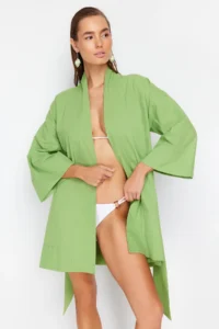TRENDYOLMİLLA Green Weaving Beach Mini Belted Kimono&Kaftan