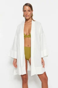 TRENDYOLMİLLA beachwear WHITE Weaving Belted Mini Kimono&Kaftan