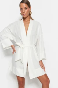 TRENDYOLMİLLA beachwear WHITE Weaving Belted Mini Kimono&Kaftan - Image 3