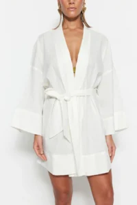 TRENDYOLMİLLA beachwear WHITE Weaving Belted Mini Kimono&Kaftan - Image 4