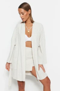 TRENDYOLMİLLA Ecru Weaving Beach Mini Belted Kimono&Kaftan