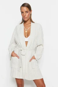 TRENDYOLMİLLA Ecru Weaving Beach Mini Belted Kimono&Kaftan - Image 2