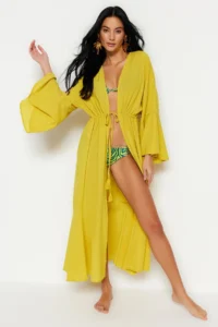 TRENDYOLMİLLA Oil Green Weaving Shirred Maxi Beach Kimono&Kaftan