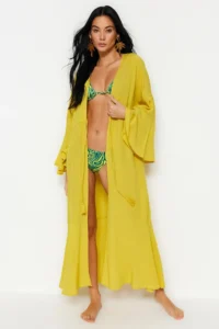 TRENDYOLMİLLA Oil Green Weaving Shirred Maxi Beach Kimono&Kaftan - Image 2