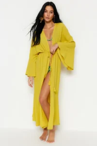 TRENDYOLMİLLA Oil Green Weaving Shirred Maxi Beach Kimono&Kaftan - Image 3