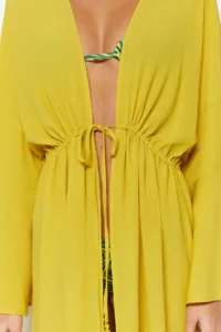 TRENDYOLMİLLA Oil Green Weaving Shirred Maxi Beach Kimono&Kaftan - Image 4