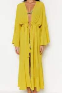 TRENDYOLMİLLA Oil Green Weaving Shirred Maxi Beach Kimono&Kaftan - Image 5