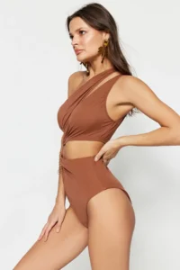 TRENDYOLMİLLA Brown tunnelled One Shoulder Covered Regular Mayokini - Image 2