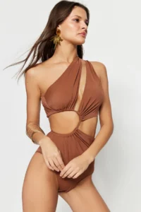 TRENDYOLMİLLA Brown tunnelled One Shoulder Covered Regular Mayokini - Image 3