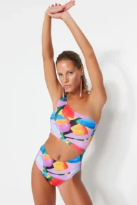 TRENDYOLMİLLA Abstract Patterned Cut Out/Pencere Detailed One Shoulder Covered Regular Mayokini - Image 4