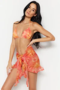 TRENDYOLMİLLA Orange Batik Weaving Frilly Beach Mini Pareo