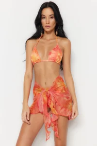 TRENDYOLMİLLA Orange Batik Weaving Frilly Beach Mini Pareo - Image 2