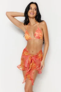TRENDYOLMİLLA Orange Batik Weaving Frilly Beach Mini Pareo - Image 3