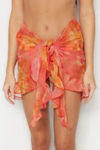TRENDYOLMİLLA Orange Batik Weaving Frilly Beach Mini Pareo - Image 4