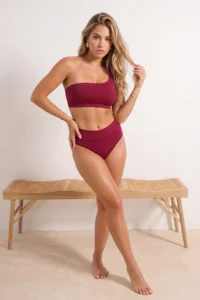 TRENDYOLMİLLA Burgundy One Shoulder Covered hipster High Waist Regular Basic Bikini Set - Image 2