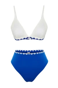 TRENDYOLMİLLA Saks Blue-WHITE Embroidered Triangle Covered Regular High Waist Bikini Set - Image 6