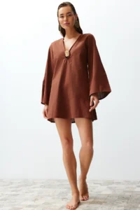 TRENDYOLMİLLA Brown Weaving Casting with accessories Beach Mini Dress - Image 2