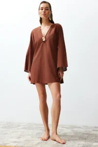 TRENDYOLMİLLA Brown Weaving Casting with accessories Beach Mini Dress - Image 3