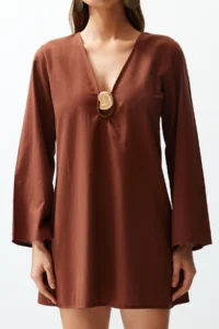 TRENDYOLMİLLA Brown Weaving Casting with accessories Beach Mini Dress - Image 4
