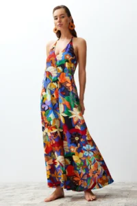 TRENDYOLMİLLA flower patterned Weaving Low-cut back Maxi Beach Dress
