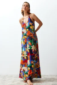 TRENDYOLMİLLA flower patterned Weaving Low-cut back Maxi Beach Dress - Image 2