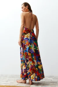 TRENDYOLMİLLA flower patterned Weaving Low-cut back Maxi Beach Dress - Image 4