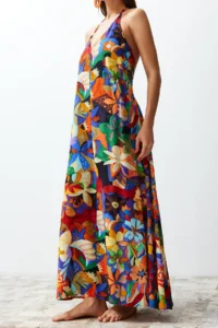 TRENDYOLMİLLA flower patterned Weaving Low-cut back Maxi Beach Dress - Image 6