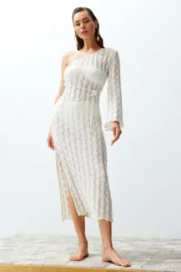 TRENDYOLMİLLA Beige Knitting slit Maxi Beach Dress - Image 4